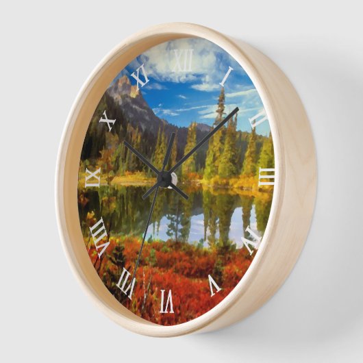Forest Lake Mountains Herbst Farben Wasserfarbe Ku Uhr (Winkel)