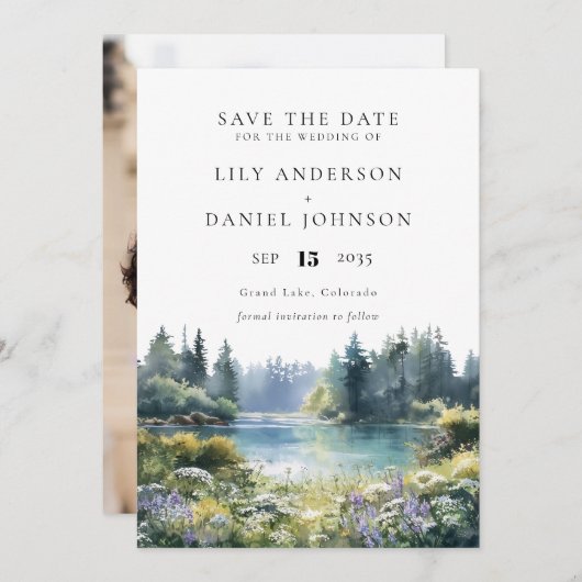 Forest Lakeside Wildflowers Floral Photo Wedding Save The Date (Vorne/Hinten)