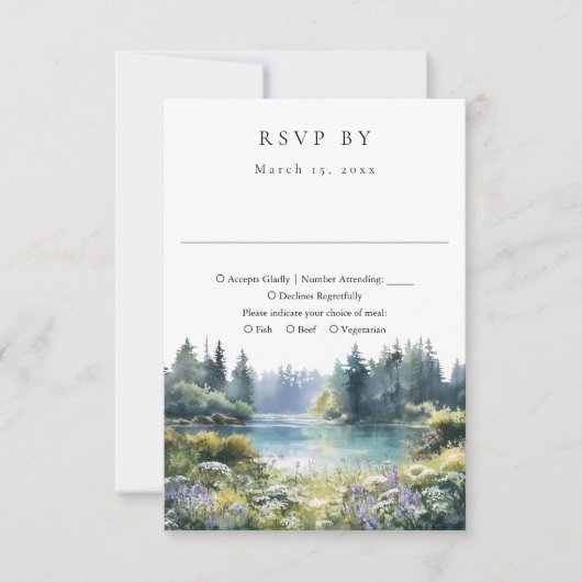 Forest Lakeside Wildflowers Floral Wedding RSVP Karte (Vorderseite)
