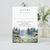 Forest Lakeside Wildflowers Floral Wedding RSVP Karte (Stehend Vorderseite)