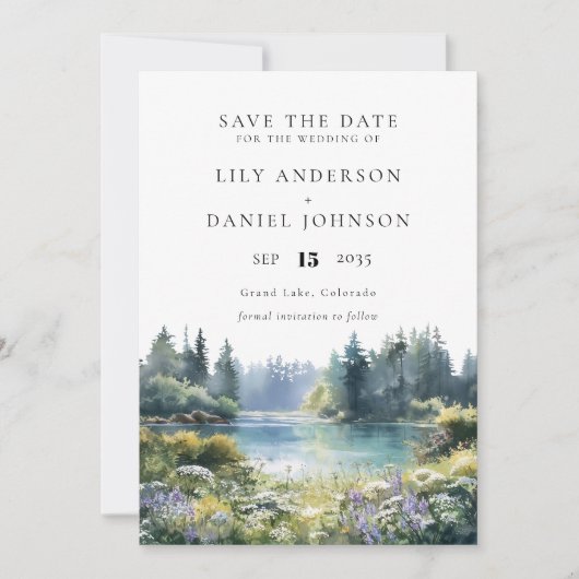 Forest Lakeside Wildflowers Floral Wedding Save The Date (Vorderseite)