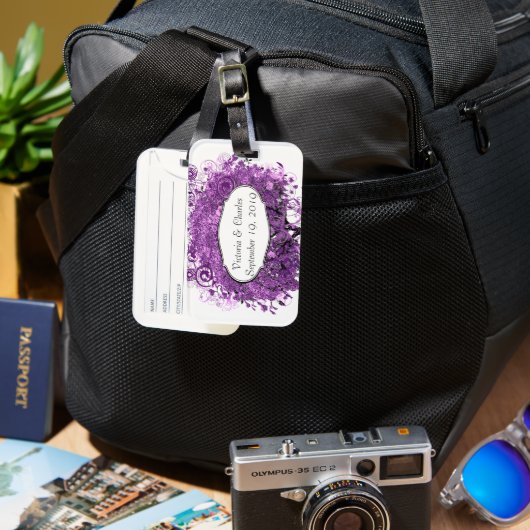 Forest Lila Heart Leaf Tree Wedding Gepäckanhänger (Vorderseite & Rückseite)