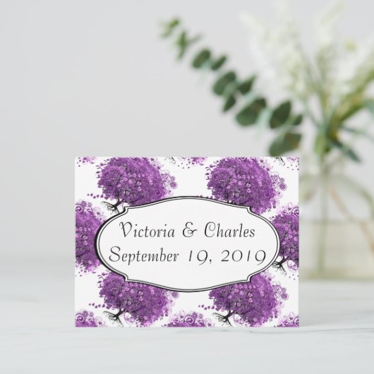 Forest Lila Heart Leaf Tree Wedding Postkarte (Stehend Vorderseite)