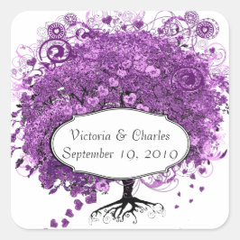 Forest Lila Heart Leaf Tree Wedding Quadratischer Aufkleber