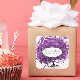 Forest Lila Heart Leaf Tree Wedding Quadratischer Aufkleber