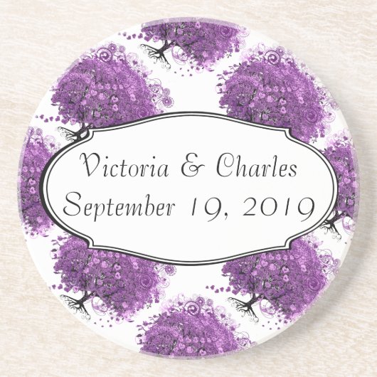 Forest Lila Heart Leaf Tree Wedding Sandstein Untersetzer (Vorne)