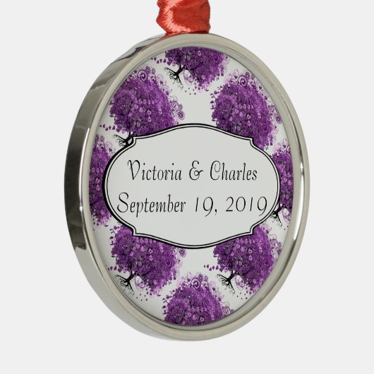 Forest Lila Heart Leaf Tree Wedding Silbernes Ornament (Rechts)