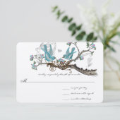 Forest Love Birds Aqua Pink Wedding RSVP Karte (Stehend Vorderseite)