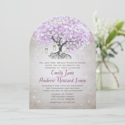 Forest Mason Jar Lavender Leaf Tree Wedding Einladung (Stehend Vorderseite)