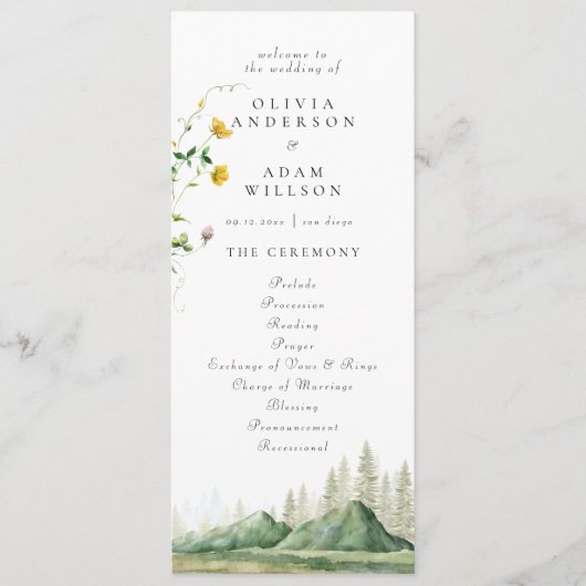 Forest Mountain Boho Wildblume Rustikale Hochzeit Programm (Vorderseite)