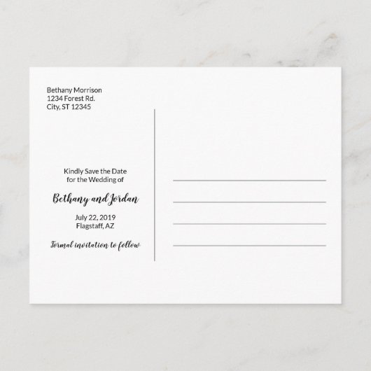 Forest Mountain Lake & Snow Save the Date Postkart Ankündigungspostkarte (Rückseite)