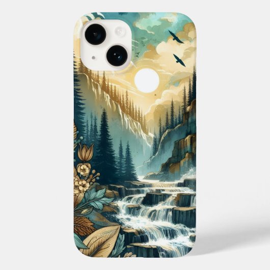 Forest Mountain Waterfall Boho Nature Muster Case-Mate iPhone Hülle (Rückseite)