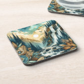 Forest Mountain Waterfall Boho Nature Muster Getränkeuntersetzer (Linke Seite)