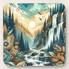 Forest Mountain Waterfall Boho Nature Muster Getränkeuntersetzer