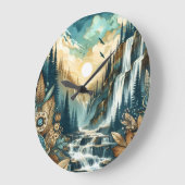 Forest Mountain Waterfall Boho Nature Muster Große Wanduhr (Winkel)