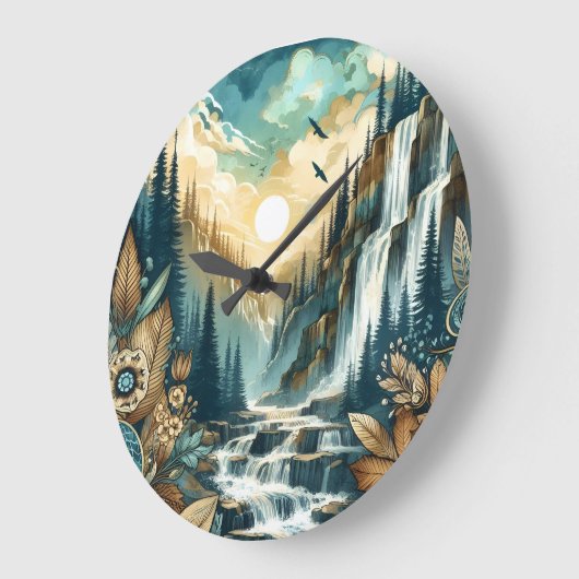 Forest Mountain Waterfall Boho Nature Muster Große Wanduhr (Winkel)