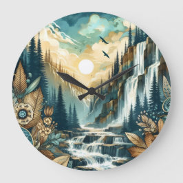 Forest Mountain Waterfall Boho Nature Muster Große Wanduhr