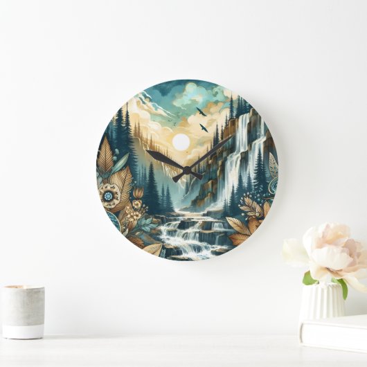 Forest Mountain Waterfall Boho Nature Muster Große Wanduhr (Zuhause)