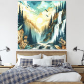 Forest Mountain Waterfall Boho Nature Muster Leinwanddruck (Insitu (Schlafzimmer))