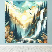 Forest Mountain Waterfall Boho Nature Muster Leinwanddruck (Insitu (Holzboden))