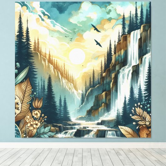 Forest Mountain Waterfall Boho Nature Muster Leinwanddruck (Insitu (Holzboden))