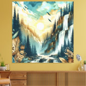 Forest Mountain Waterfall Boho Nature Muster Leinwanddruck (Insitu (Wohnzimmer))