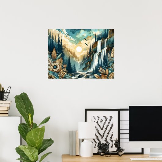 Forest Mountain Waterfall Boho Nature Muster Poster (Heimbüro)