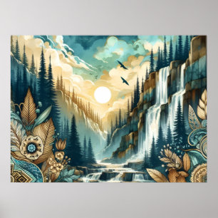 Forest Mountain Waterfall Boho Nature Muster Poster