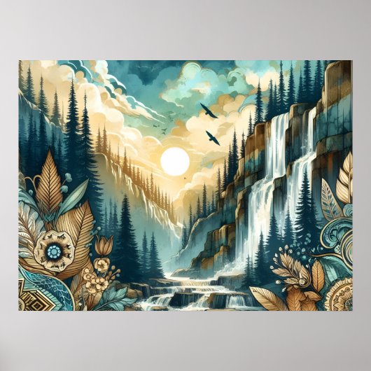 Forest Mountain Waterfall Boho Nature Muster Poster (Vorne)