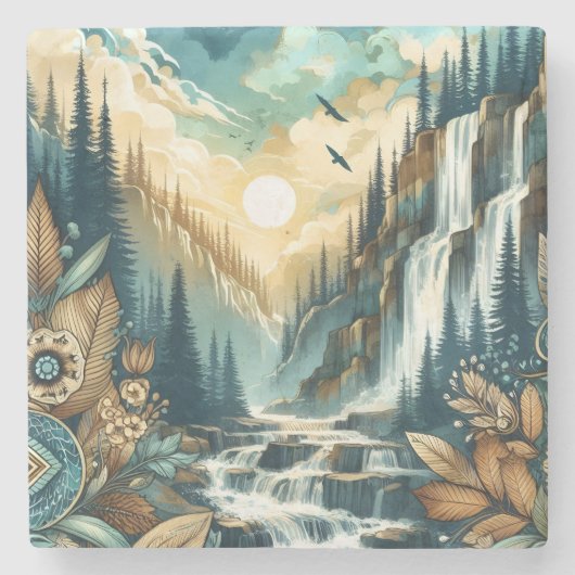 Forest Mountain Waterfall Boho Nature Muster Steinuntersetzer (Vorderseite)