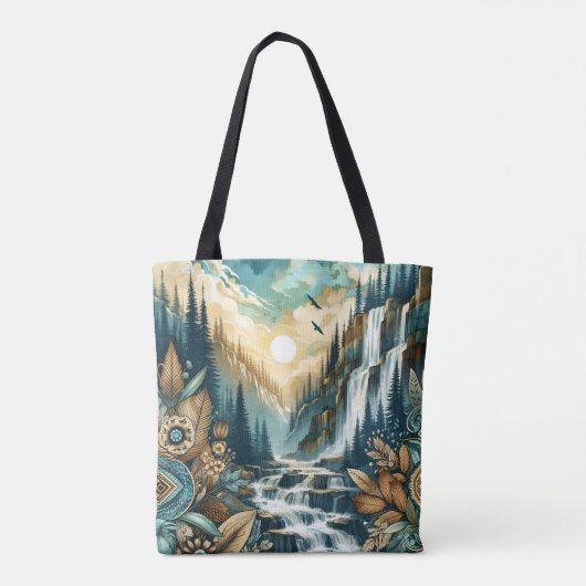 Forest Mountain Waterfall Boho Nature Muster Tasche (Rückseite)
