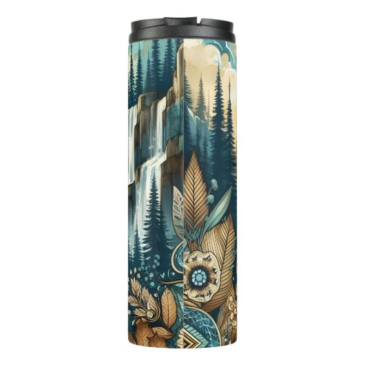Forest Mountain Waterfall Boho Nature Muster Thermosbecher (Rückseite)
