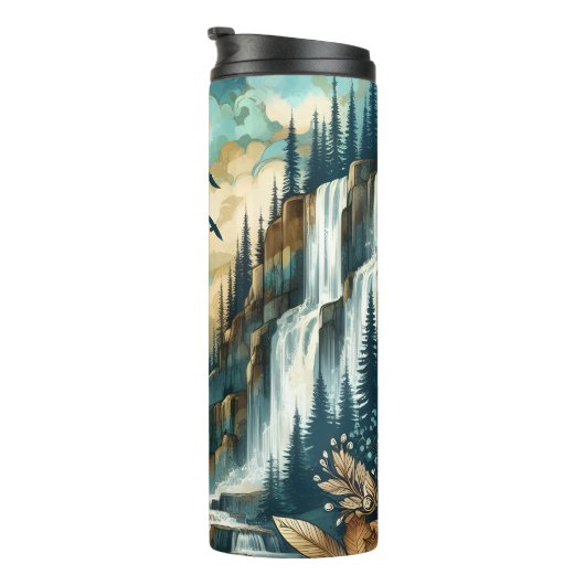 Forest Mountain Waterfall Boho Nature Muster Thermosbecher (Nach rechts gedreht)