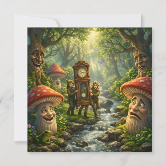 Forest mushroom and gnome clock birthday card karte (Vorderseite)