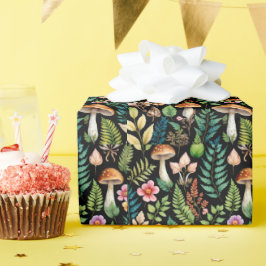 Forest Mushroom Fern Muster Schwarzer Hintergrund Geschenkpapier