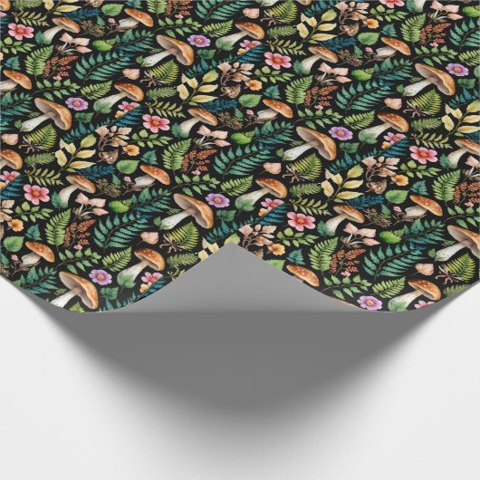 Forest Mushroom Fern Muster Schwarzer Hintergrund Geschenkpapier (Ecke)