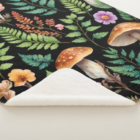 Forest Mushroom Fern Muster Schwarzer Hintergrund Sherpadecke (3/4)