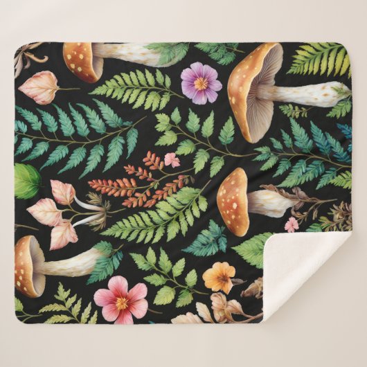 Forest Mushroom Fern Muster Schwarzer Hintergrund Sherpadecke (Vorderseite (Horizontal))
