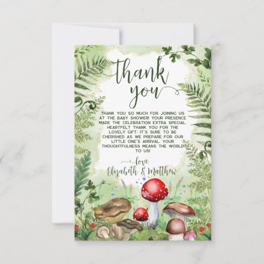 Forest Mushrooms Ferns Green Rustic Nature Script Dankeskarte (Vorderseite)