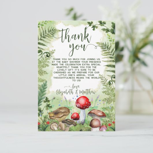 Forest Mushrooms Ferns Green Rustic Nature Script Dankeskarte (Stehend Vorderseite)