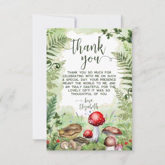 Forest Mushrooms Ferns Green Rustic Nature Script Dankeskarte (Vorderseite)