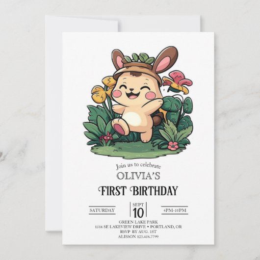 Forest Niedlich Bunny 1. Geburtstag digital Einladung (Vorderseite)