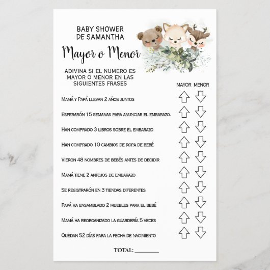 Forest Over oder under baby dusche bilingual card Flyer (Hinten)