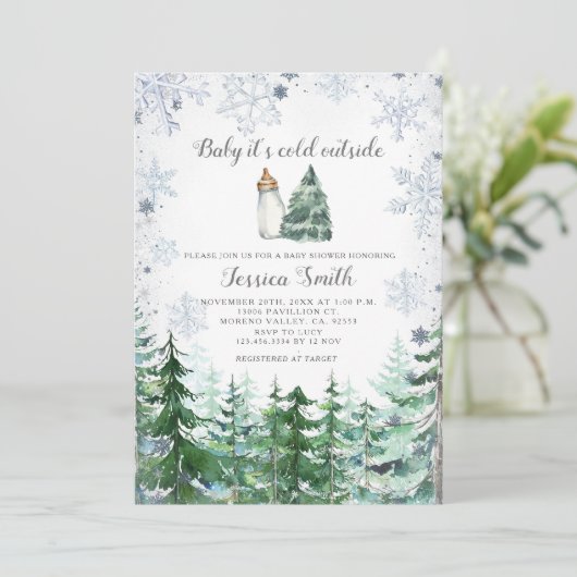 Forest Pine Tree Cold Outside Baby Dusche Einladung (Stehend Vorderseite)