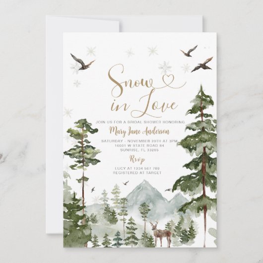 Forest Pine Tree Schnee in Liebe Winter Brautparty Einladung (Vorderseite)