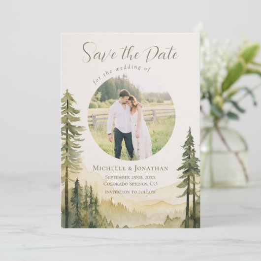 Forest Pine Trees Foto Christlich Hochzeit Save The Date (Stehend Vorderseite)