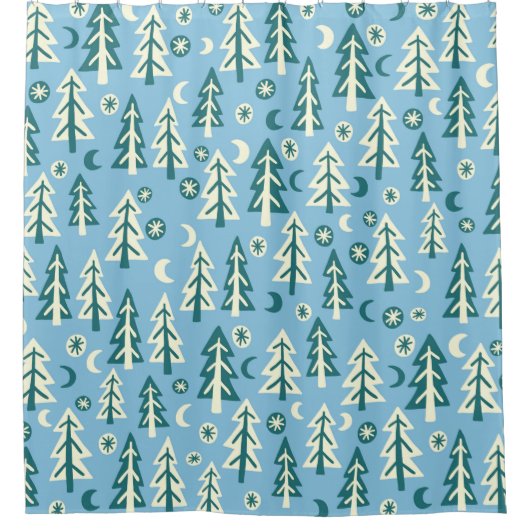 Forest Pine Trees Moon Stars Blau Grün Duschvorhang (Vorderseite)