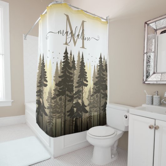 Forest Pine Trees Script Name Monogram Duschvorhang (Beispiel)