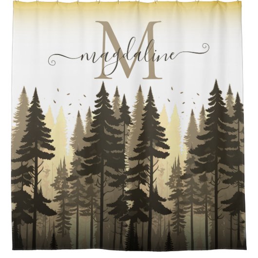 Forest Pine Trees Script Name Monogram Duschvorhang (Vorderseite)