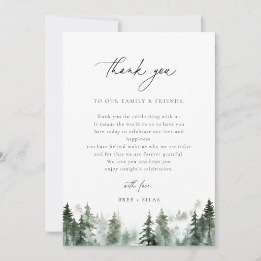 Forest Pines Wedeption Table Danke (Vorderseite)
